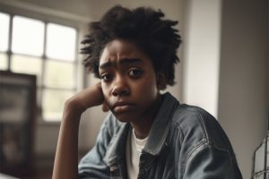 sad African-American teenager looking at camera